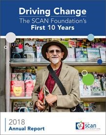 Annual report cover with older man in front of magazine stand