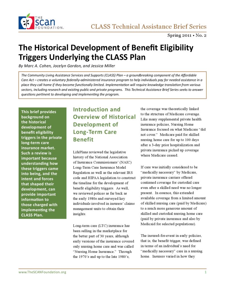 The Historical Development of Benefit Eligibility Triggers Underlying the CLASS Plan