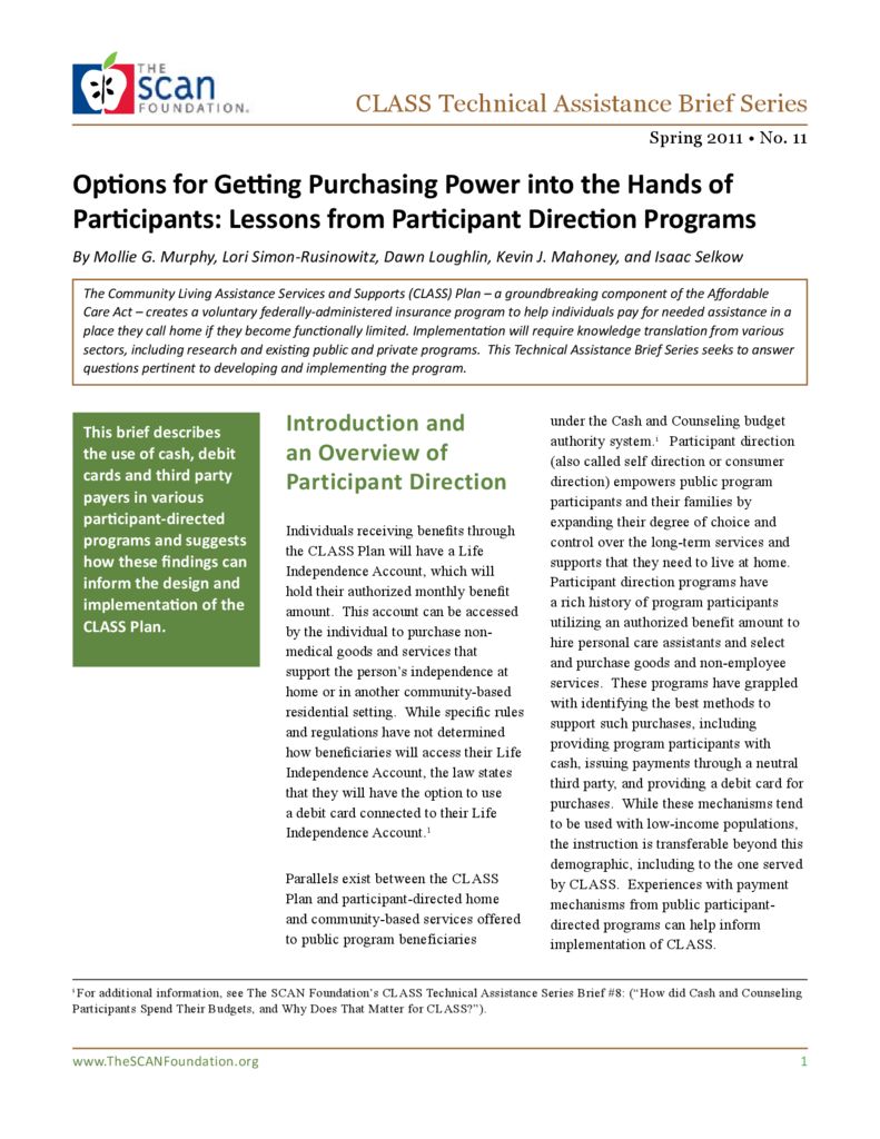 Options for Getting Purchasing Power into the Hands of Participants: Lessons from Participant Direction Programs