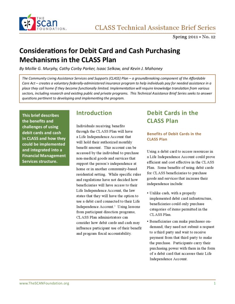 Considerations for Debit Card and Cash Purchasing Mechanisms in the CLASS Plan