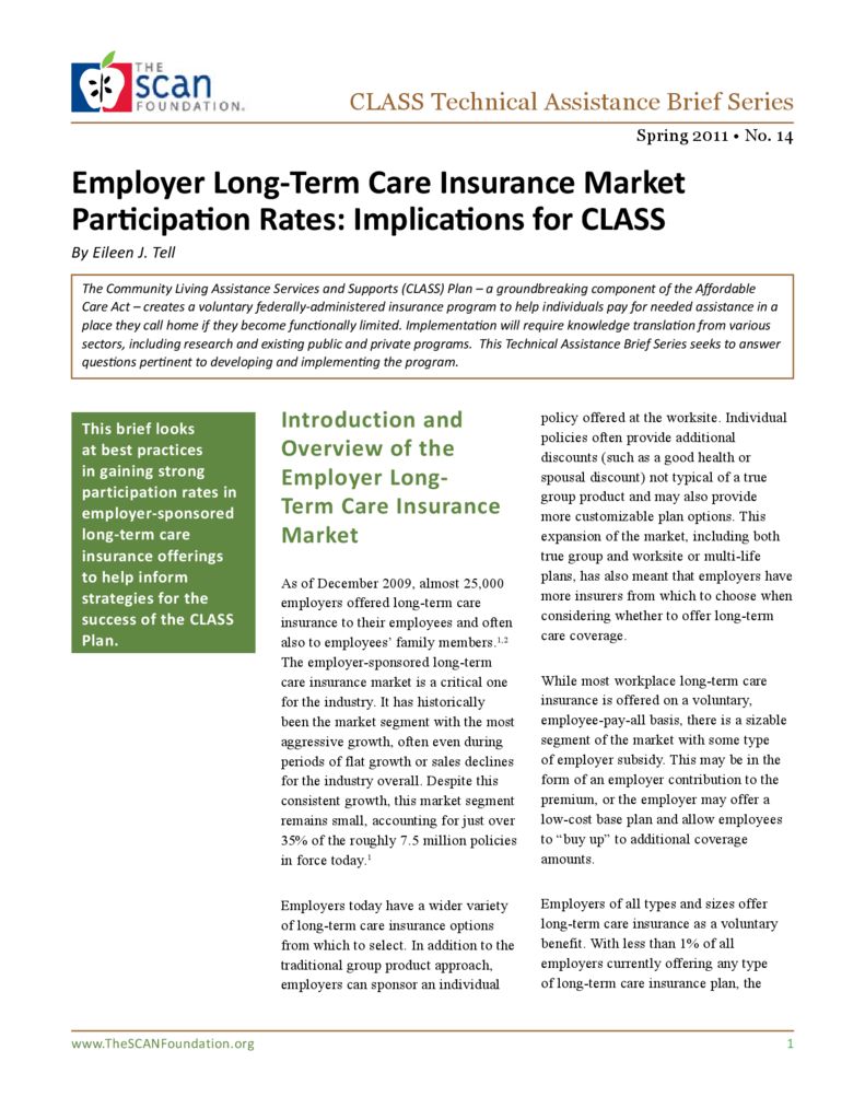 Employer Long Term Care Insurance Market Participation Rates Implications For Class The Scan Foundation