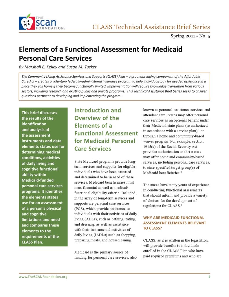 Elements of a Functional Assessment for Medicaid Personal Care Services
