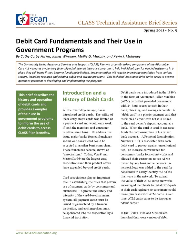 Debit Card Fundamentals and their Use in Government Programs