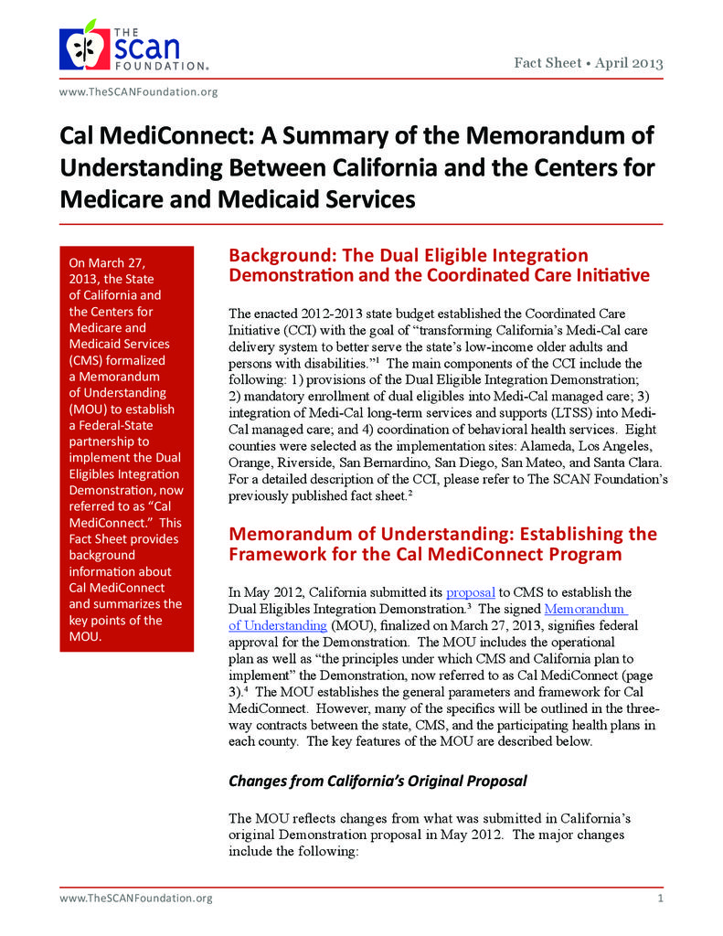 Cal MediConnect: A Summary of the MOU Between California and CMS