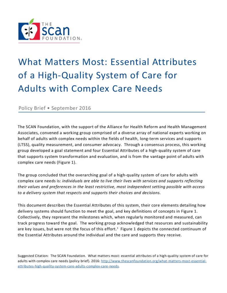 What Matters Most: Essential Attributes of a High-Quality System of Care for Adults with Complex Care Needs