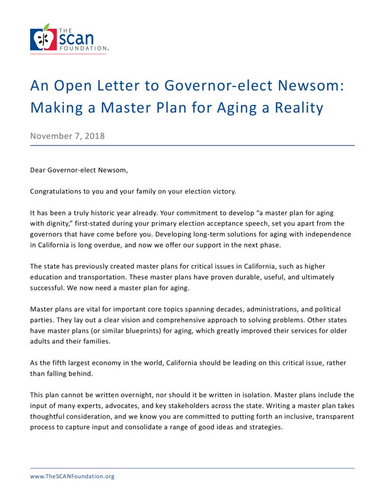 An Open Letter to Governor-elect Newsom: Making a Master Plan for Aging a Reality