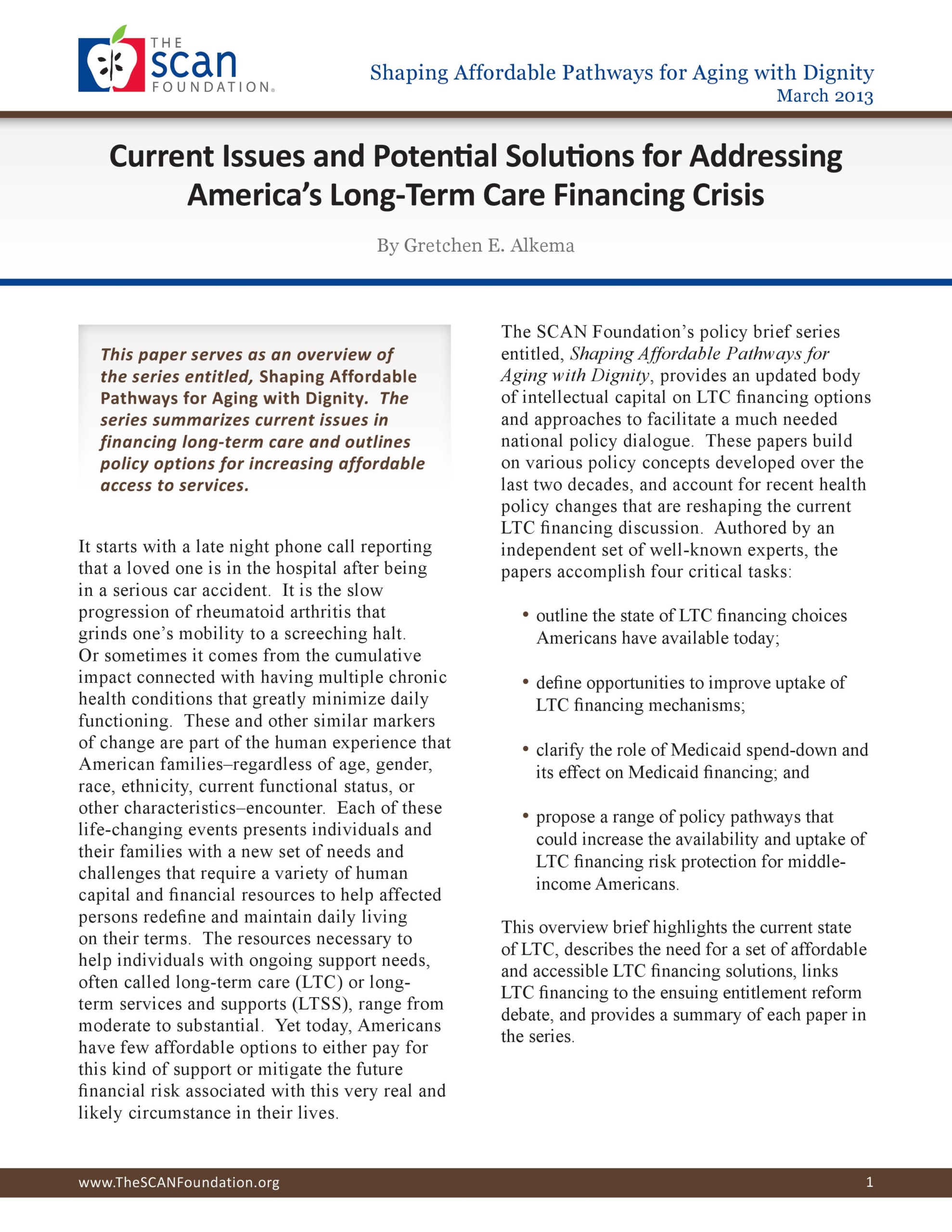 Current Issues and Potential Solutions for Addressing America’s Long-Term Care Financing Crisis