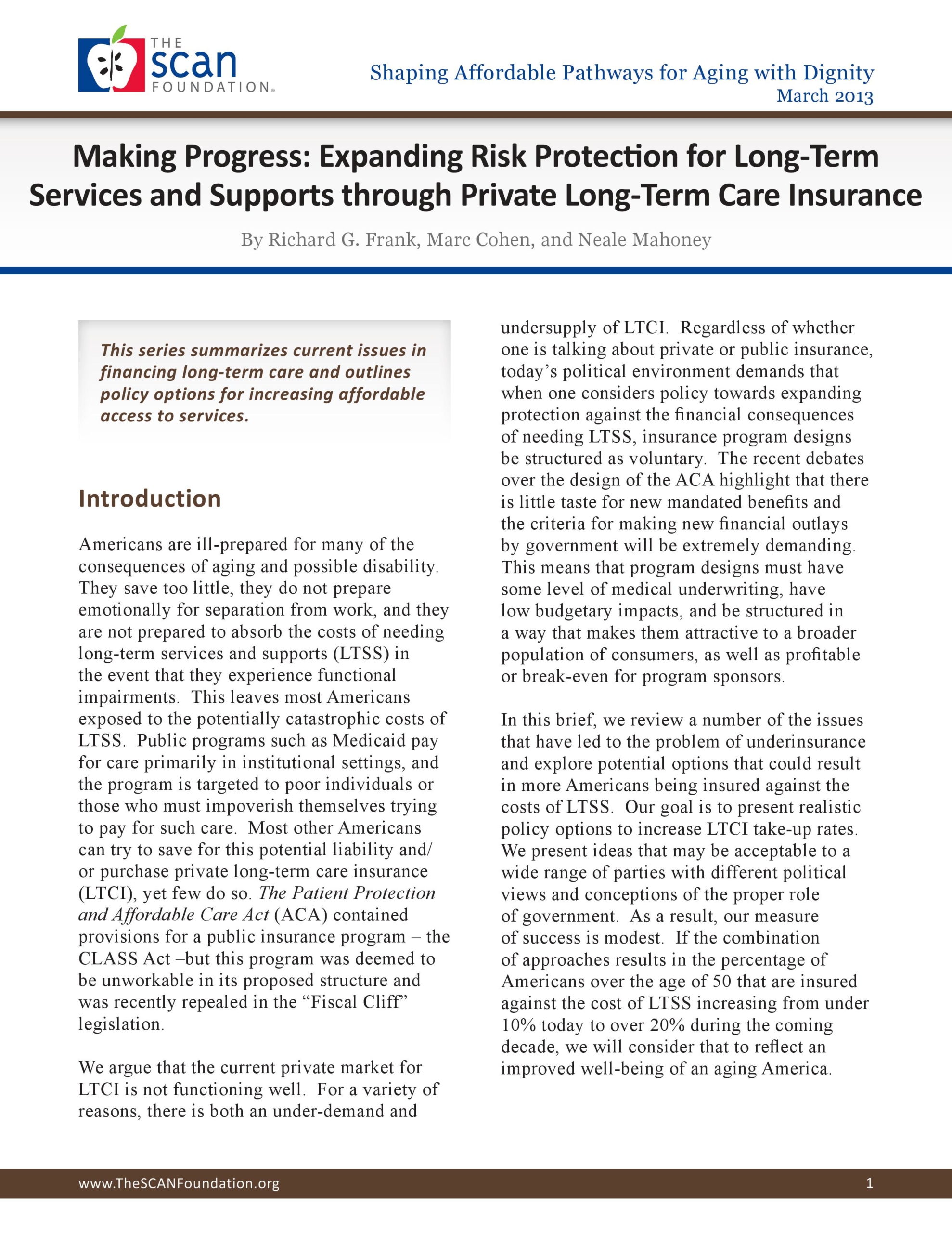 Making Progress: Expanding Risk Protection for Long-Term Services and Supports through Private Long-Term Care Insurance