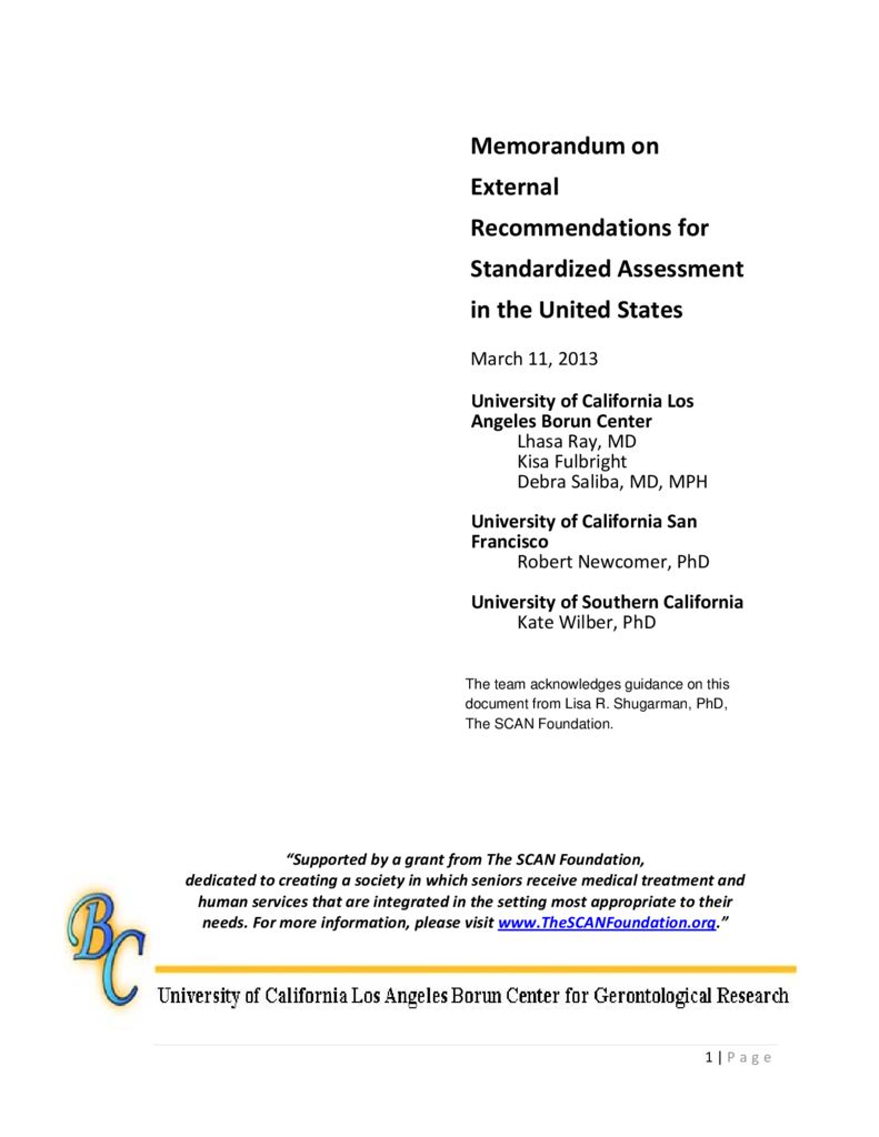 Memorandum on External Recommendations for Standardized Assessment in the United States