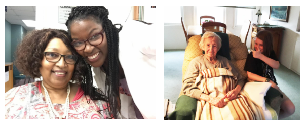 Aisha and her mother taking a selfie. Mary and cooper pose for a photo in their living room. 