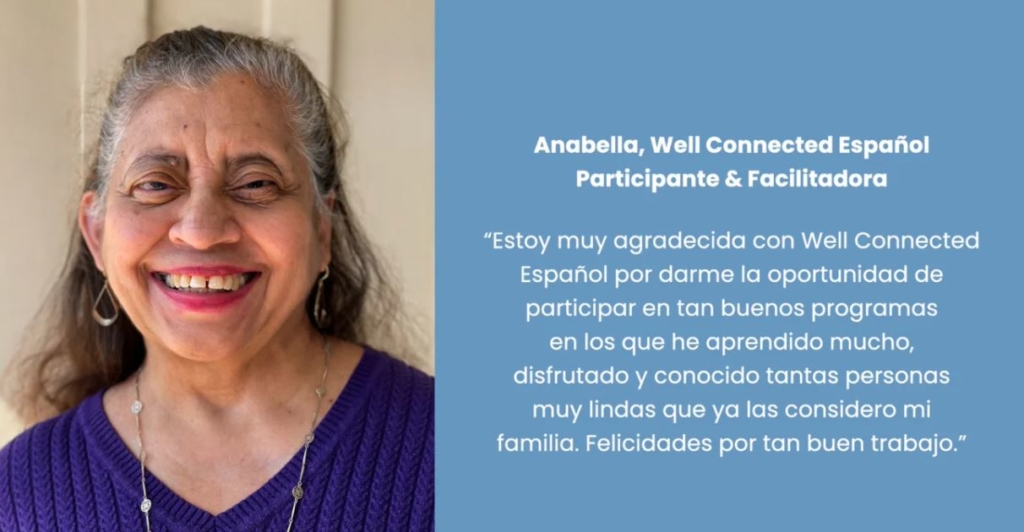 Older woman sharing her experience with the Well Connected Español program. 