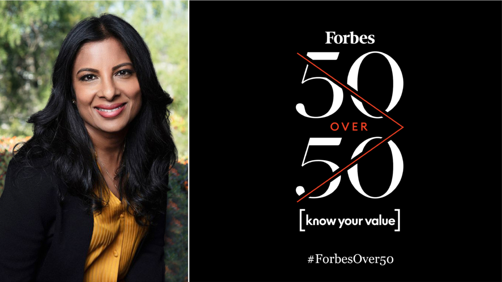 Image of Dr. Sarita Mohanty next to Forbes 50 over 50 list branding