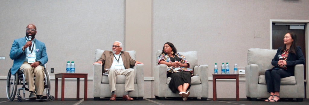 Image of panel speakers from the United Health Equity in Aging Summit. Pictured: Eric Harris, Roque Barros, LaRae Cantley, and Eunice Lin Nichols